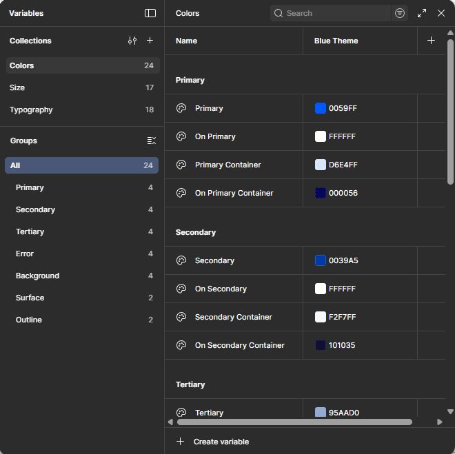 Figma color variables for the design system, grouped as primary, secondary and tertiary