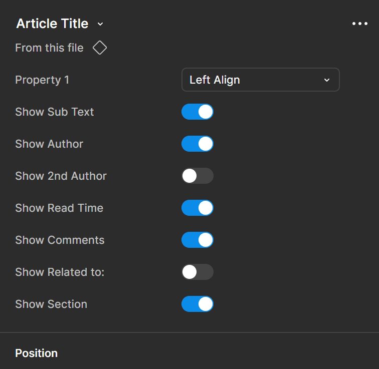 Component properties for an Article Title, with toggles for sub text, author, read time and more