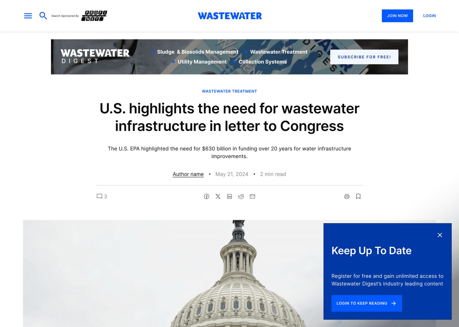After: a Wastewater article page with a newsletter sign-up prompt