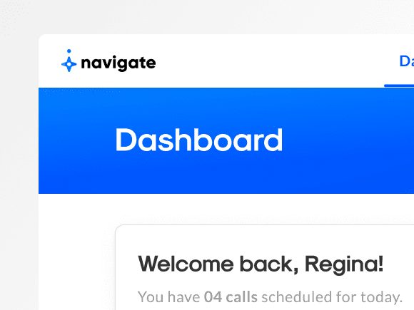 The Navigate dashboard header with a welcome back message