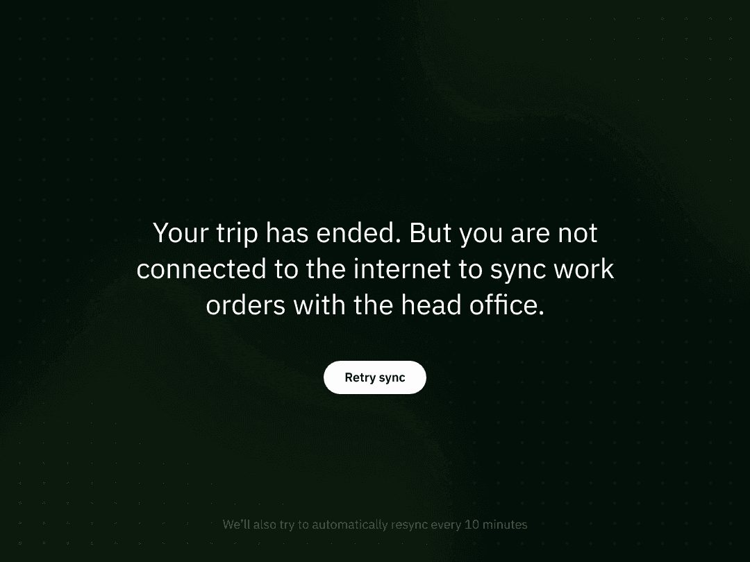 An offline message asking the user to retry syncing work orders with the head office